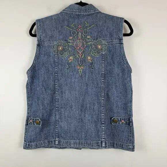 Christopher Banks Denim Boho Vest M Blue Embroidered Collared Eclectic Western - Picture 6 of 9